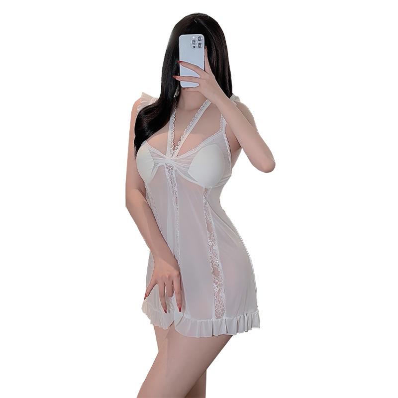 Beautiful yarn neck sling nightdress sexy hot deep V home pure desire sexy lace tulle nightdress women