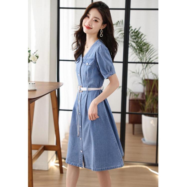 Summer Slim Denim Short Sleeve Dress Casual Waist Cinching Womens Outfit Lightweight Versatile Fashion