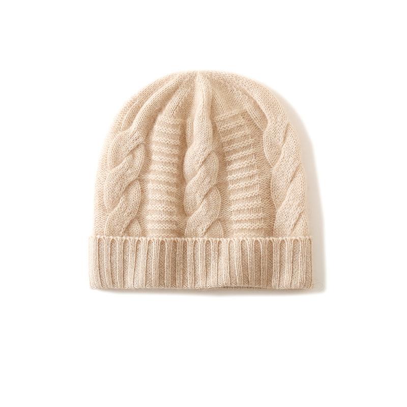 Cashmere Autumn and Winter New Style Women's High End Solid Color Twisted Pattern Thickened Warm Fashion Knitted Casual Hat