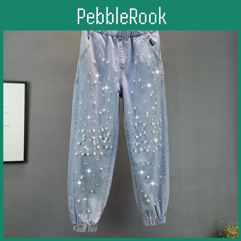 Womens Winter And Autumn Light Blue Large Size Jeans Female Elastic Waist Casual Loose Pearl Long Jogger Pants