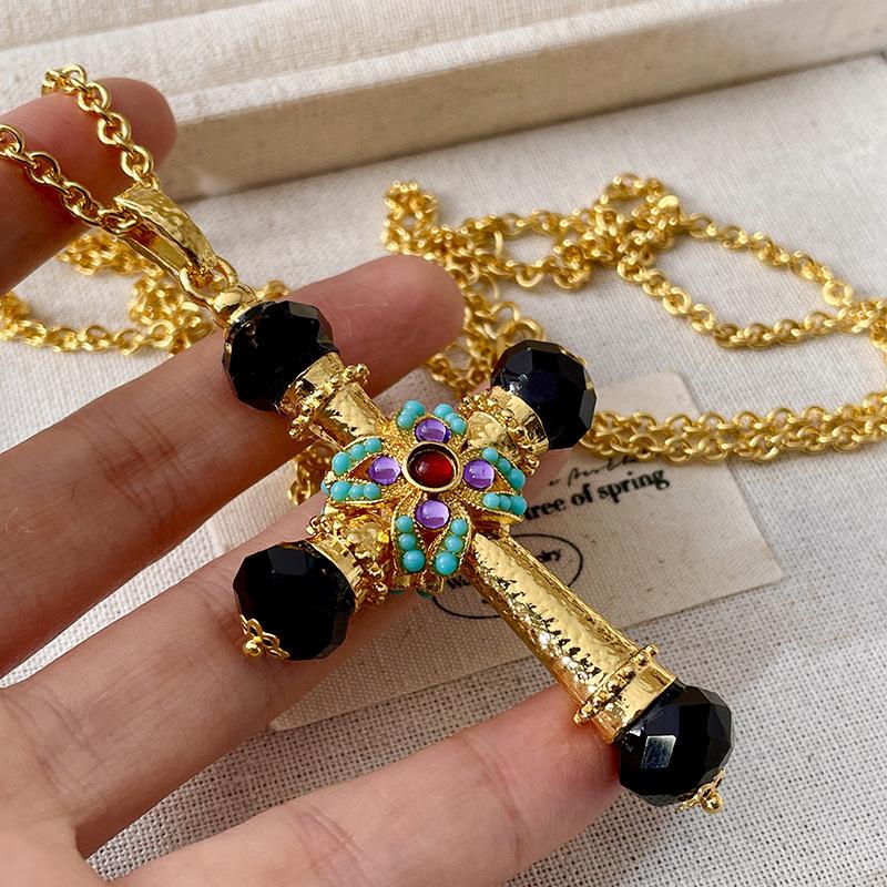 Medieval Turquoise Sparkling Diamond Inlaid Sweater Chain Double Sided Cross Crystal Necklace Female