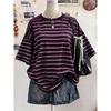 New Y2K Striped Digital Print Casual Oversized Mid-Length Round Neck Drop Shoulder Women Tshirt Street Fashion Casual Sports Top