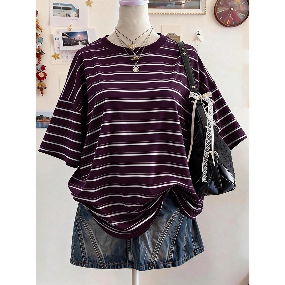 New Y2K Striped Digital Print Casual Oversized Mid-Length Round Neck Drop Shoulder Women Tshirt Street Fashion Casual Sports Top S