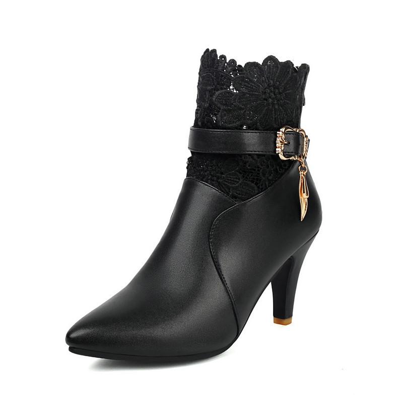 Women's Short Boots Pointed Thin Heel High Heel Lace Splicing Belt Buckle and Ankle Boots Fashion Autumn and Winter Martin Boots Short Boots