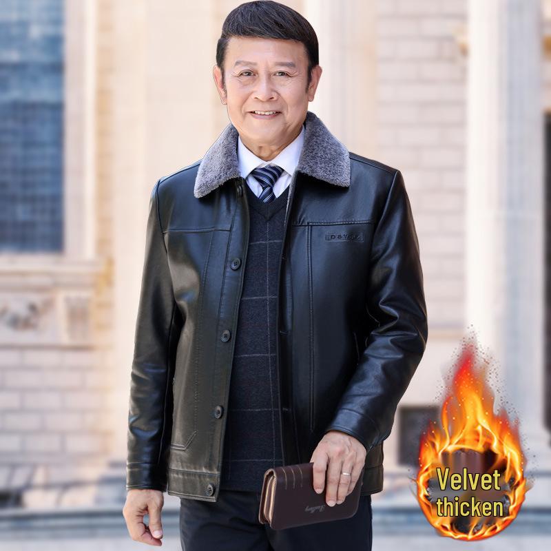 Men's 50+ Velvet-Lined Leather Jacket for Winter, Suitable for Middle-Aged & Elderly
