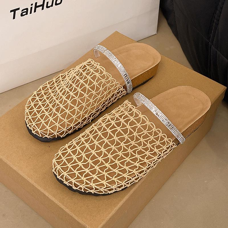 Baotou Mesh Half Slippers Women's Outer Wear 2025 Summer New Thick-soled Roman Hollow Breathable Comfortable Beach Cool Slippers