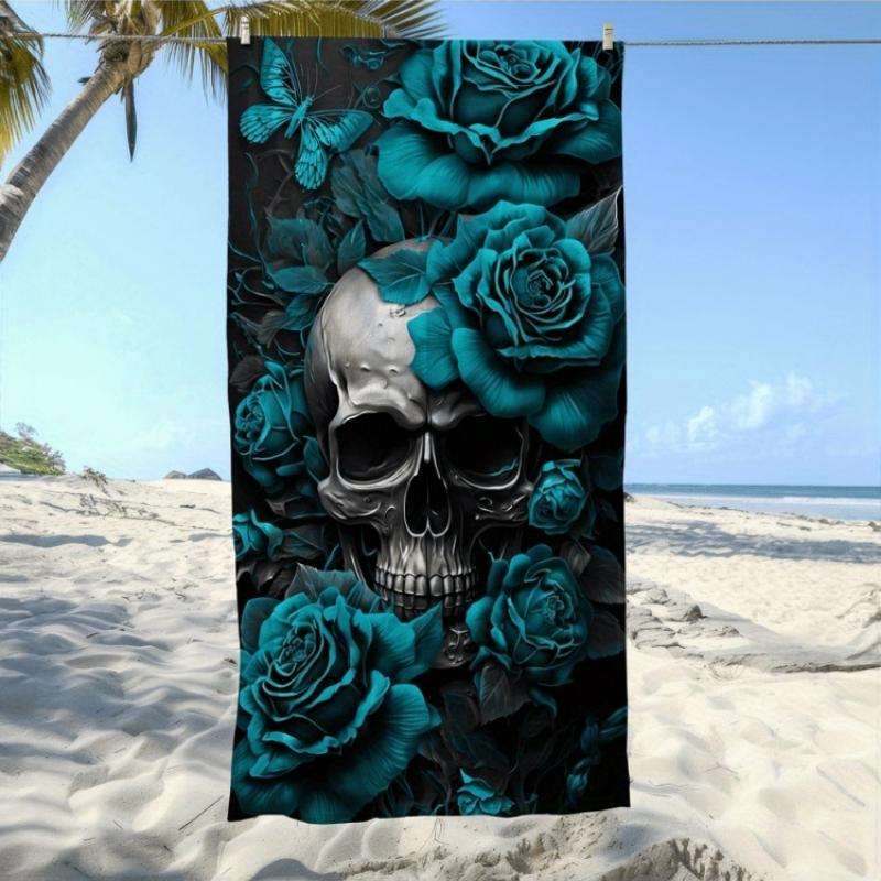 

1pc of Beach Towel with a Rose Skull Design - Soft, Absorbent, And Quick-Drying - Suitable for Swimming, Camping, And Bathing W30*H60(CM)