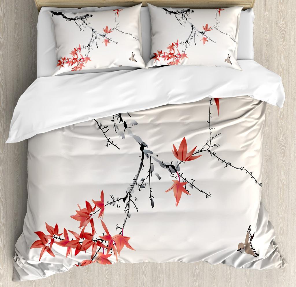 Japanese Duvet Cover Set,Branch Of A Flourishing Sakura Tree Flower Cherry Blossoms Spring Theme Art Japan Bedding Set Full Size