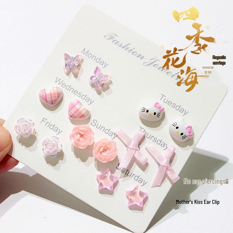 Cherry Blossom Pink Camellia Stud Earrings - Cute & Sweet Set with Magnetic Clips, Fresh Style.