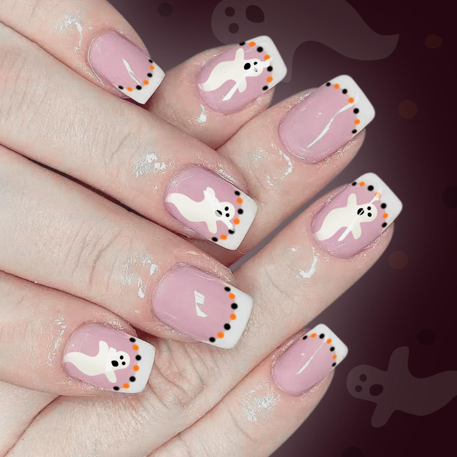 

24 Pieces Halloween Fake Nails White French Tip Press On Nails With Black Bat Design No Glue Needed