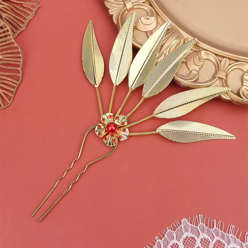 1PC Headwear Jewelry Thailand Ethnic Golden Dance Party Decoration Hairpin for Women Crystal Flower Hair Accessories Alloy Leaf