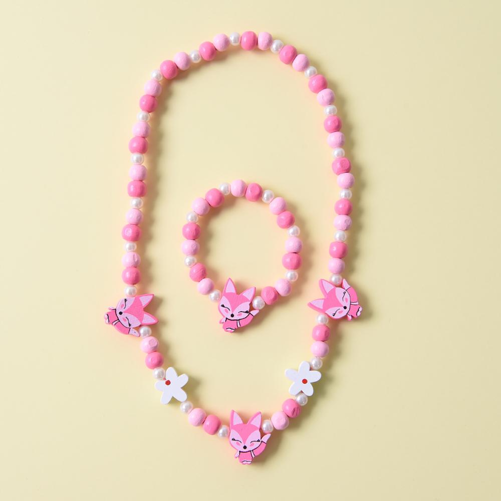 2pcs/Set Fashion Natural Wood Beads Jewelry Cute Animal Pattern Necklace Bracelet For Children Party Jewelry Girl Birthday Gift