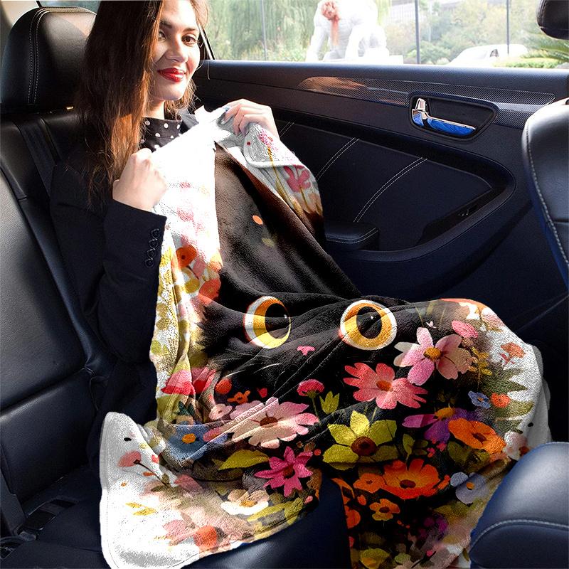 1pc Flower Black Cat Blanket  Seasonal Universal Home Decorative for Room, Gift Idea, Living Room, Travel, Camping, Car Blankets