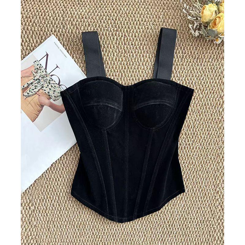 French Black Velvet Pure Desire Camisole Tank Top with Chest Pads - Retro Style XS