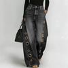 Metal Round Hole Casual Loose High Waist Wide Leg Jeans Women's Washed Cat Beard Ground White Jeans European and American