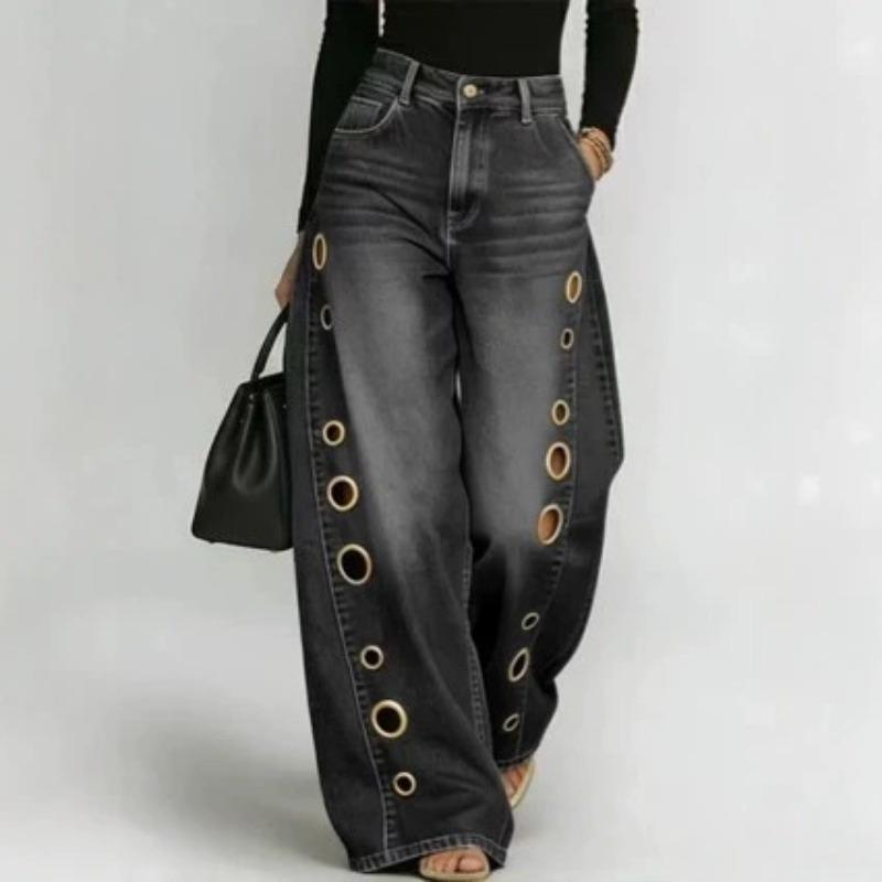 Metal Round Hole Casual Loose High Waist Wide Leg Jeans Women's Washed Cat Beard Ground White Jeans European and American