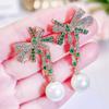 CMM Trendy Bowknot Design Paved White Green CZ Zirconia Women Long Artificial Pearl Drop Earrings for Bridal