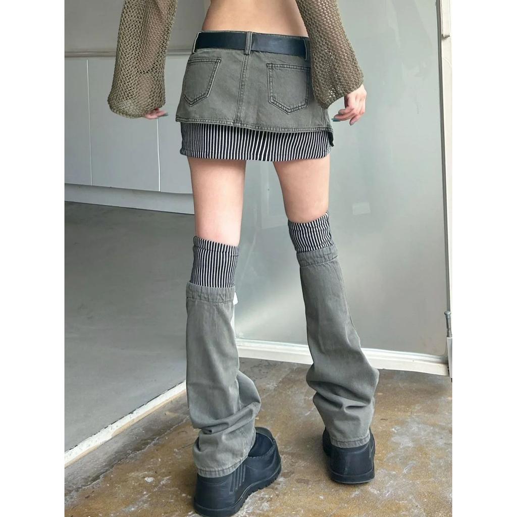 American Retro Patterned Patchwork Denim Suit Half Skirt Women Y2K Irregular Short Skirt Leg Cover Two-piece Set for Wearing