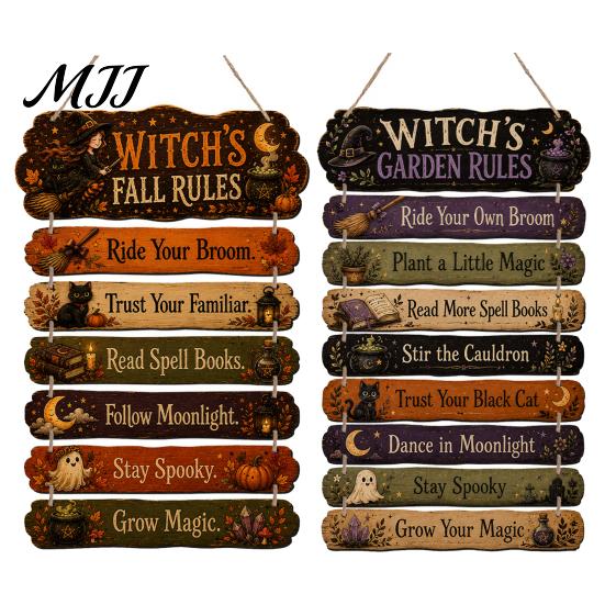 Hanging Wood Craft Witch's Fall Rules Sign, Vintage Halloween Wall Rustic Front Door Decor Farmhouse Art for Outdoor Porch Yard, Home Wooden Plaque