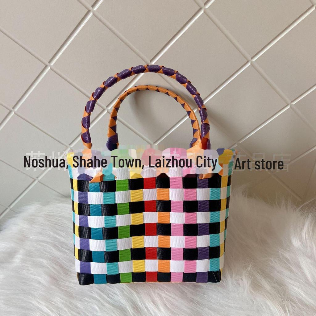 Γυναικεία Υφαντή Καλοκαιρινή Τσάντα Παραλίας: Απλή Πλαστική Τσάντα Χειρός, Μικρός Τετράγωνος Σχεδιασμός για Ψώνια και Παιδιά.