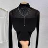Women's Slim-Fit Velvet Base T-Shirt with Mesh Sleeves: Elegant Half-High Collar for Autumn/Winter