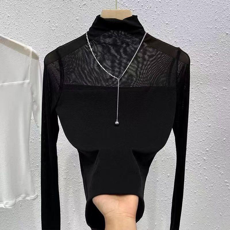 Women's Slim-Fit Velvet Base T-Shirt with Mesh Sleeves: Elegant Half-High Collar for Autumn/Winter