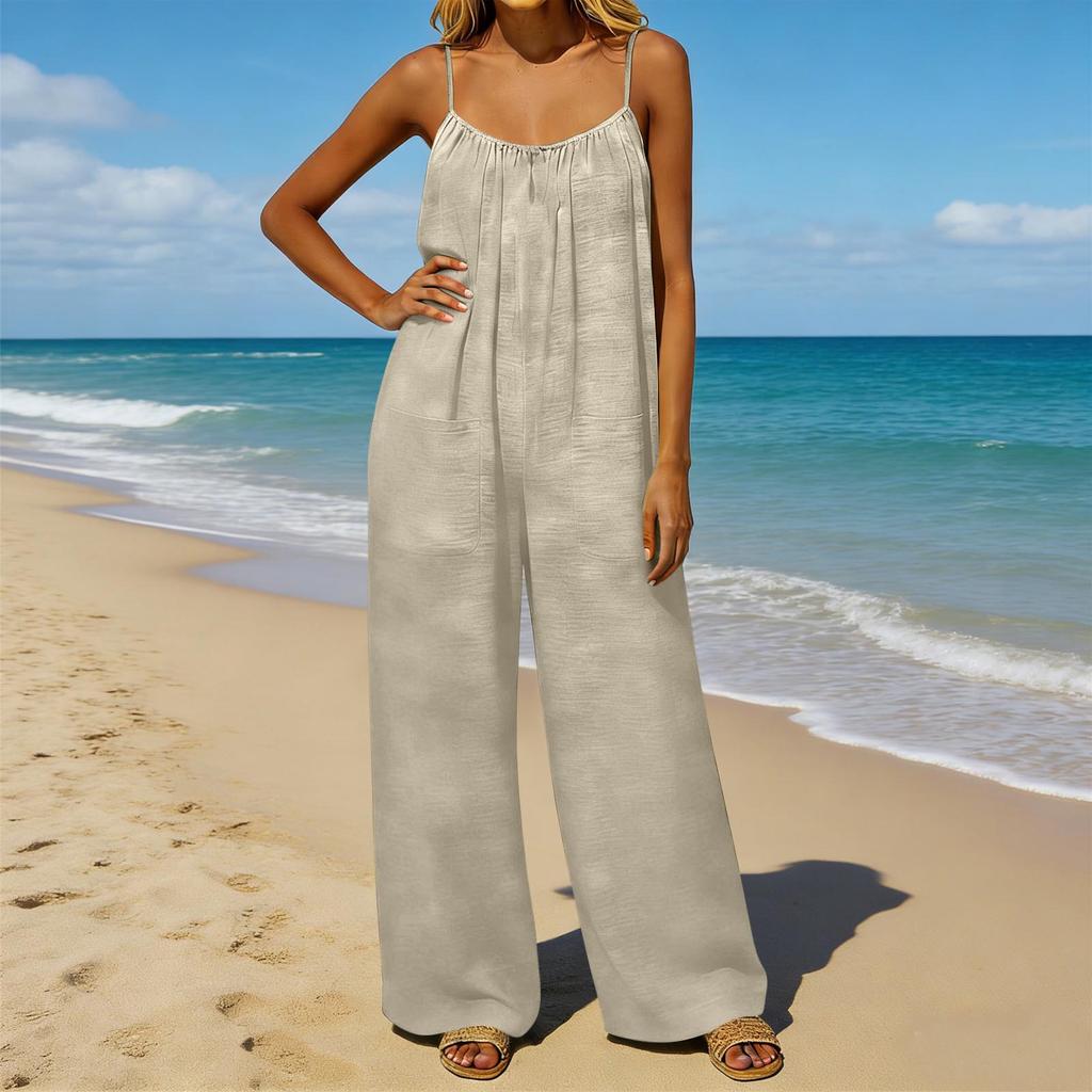 Damen-Jumpsuit, Lässige und lockere Passform, Mit rückenfreiem Design und dünnen Vintage-Trägern. Dieser Loungewear-Jumpsuit ist aus Baumwolle und Li