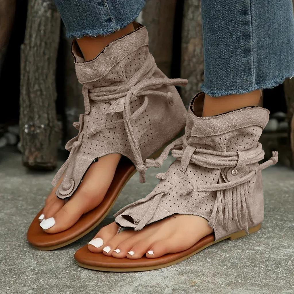 Lace Up Platform Sandals For Women Flat Soled Thong Toed Women'S Slippers Fashionable And Casual Tassel Hollow Zapatos De Mujer