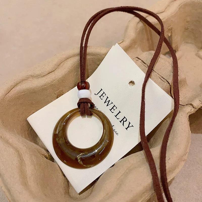 Vintage Ethnic Style Brown Hollow Geometric Circle Long Pendant Necklace For Women