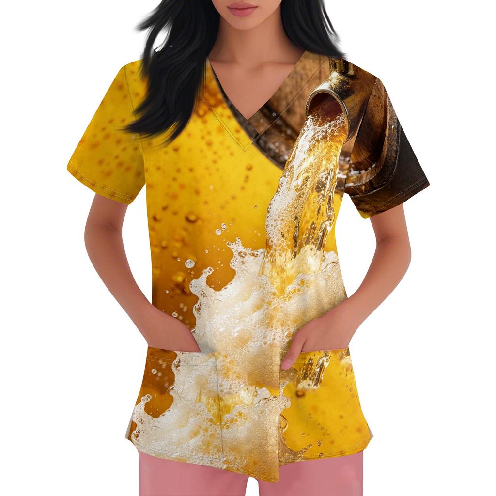 Women's V Neck Short Sleeve Work Shirt with Pockets Oktoberfest Beer Print Medical Scrub Top for Healthcare Professionals