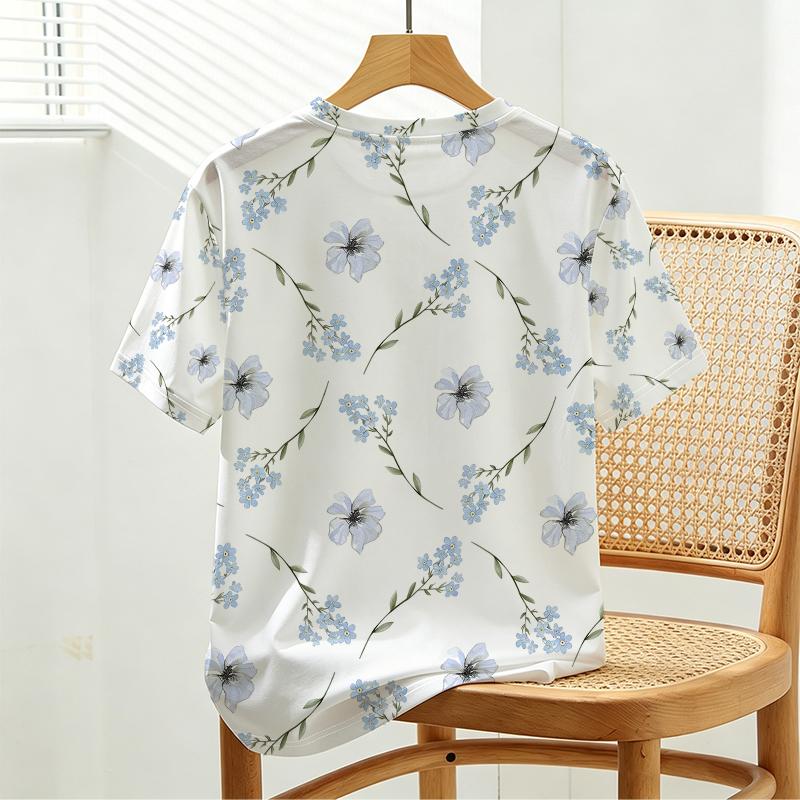 Women's Floral Short Sleeve Tee - Soft Loose Basic Top for Daily Casual Shopping, Comfortable Fashion Style