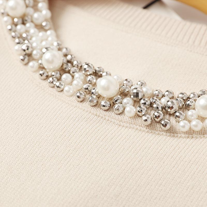 Autumn and Winter Women's Undershirt Pullover Beaded Sweater Women's Knitted Sweater Round Neck Long Sleeve Loose Thin Temperament Undershirt