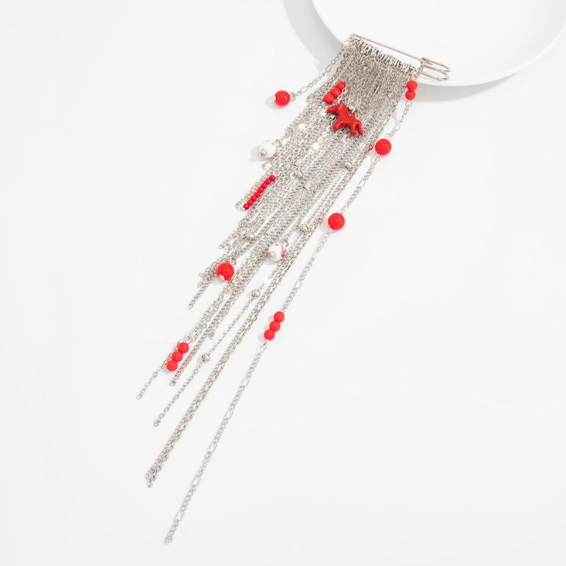 Trendy Red Pony Crystal Beads Long Brooches Women Vintage Creative Irregular Geometry Shirt Collar Lapel Suit Pin Accessories
