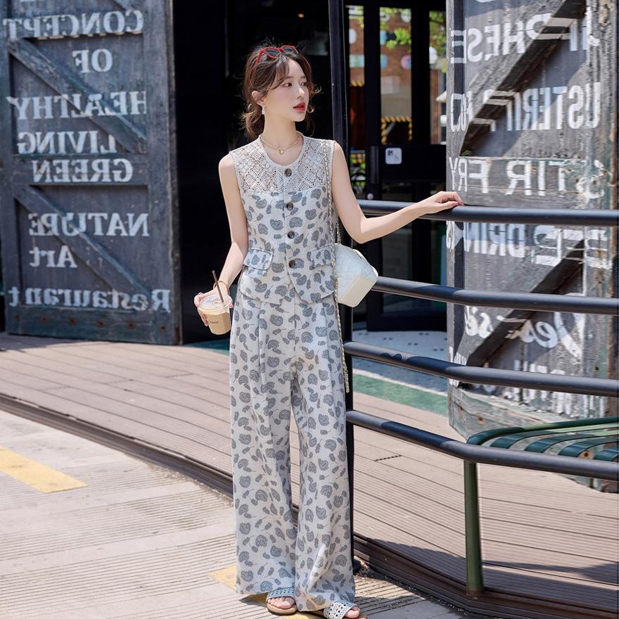 Vest wide-leg pants two-piece set women's summer new design sense fashion casual sleeveless vest set