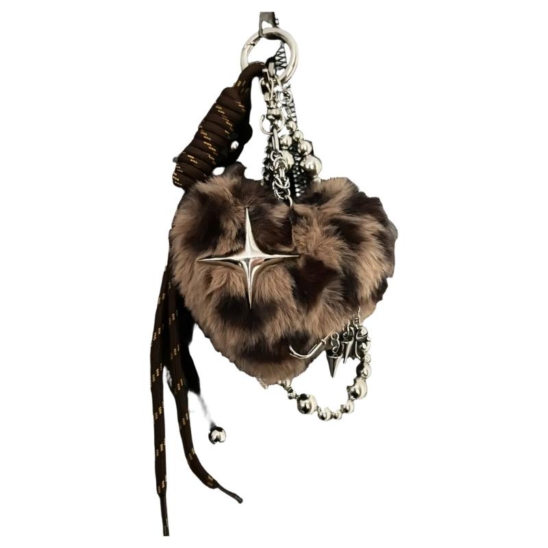 

Subculture Style Handmade Soft Plush Heart Shaped Charm with Star Designs Unique Bag Keychain Accessory коричневий