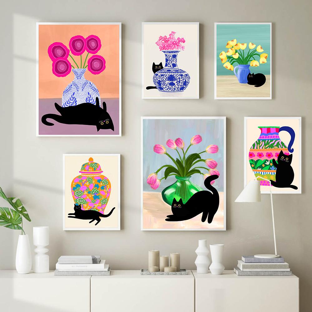 Retro Abstract Black Cat Vase Art Poster Print Pink Tulips Canvas Painting Colorful Pictures Living Kid Room Home Decor Murals