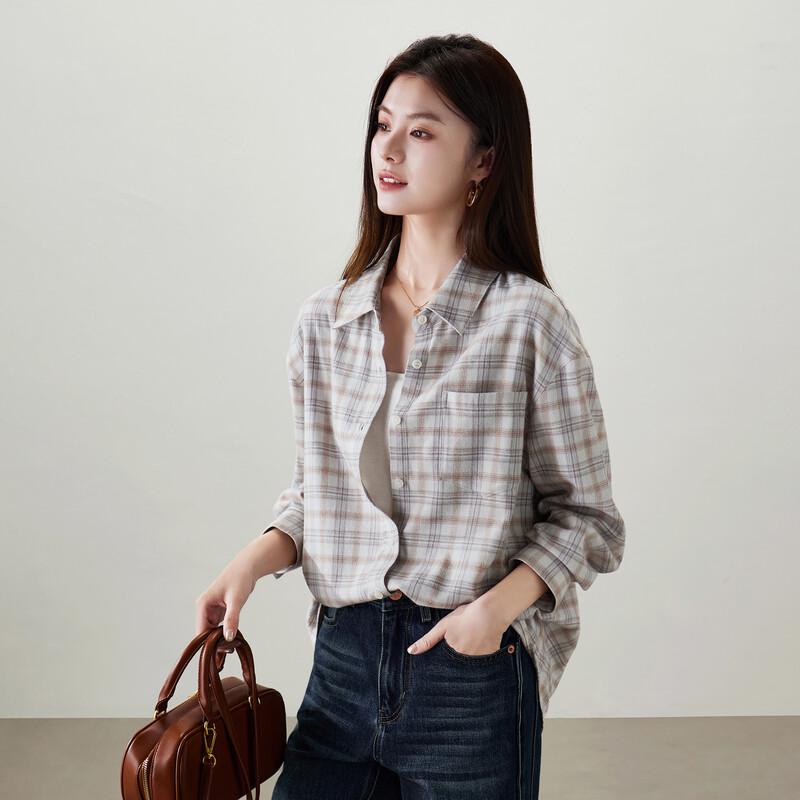 SOFSIL Women s Retro Plaid Long-Sleeve Lapel Shirt XL