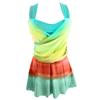 Plus Size High Waist Conservative Two Piece Swimsuit Set with Printed Patchwork Design Tankini Top and Swim Shorts for Women