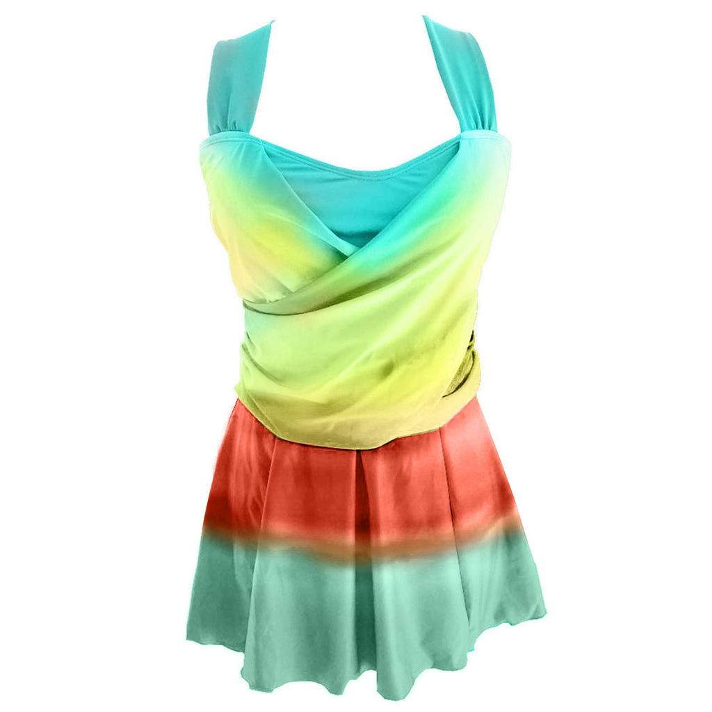 Plus Size High Waist Conservative Two Piece Swimsuit Set with Printed Patchwork Design Tankini Top and Swim Shorts for Women
