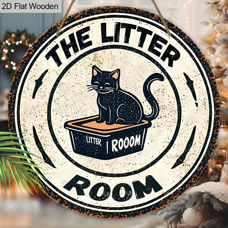 Rustic Wooden Sign with Cute Black Cat Pattern - The Litte Room Round Sign for Pet's Door Hanging Decor - Ideal Home Decoration