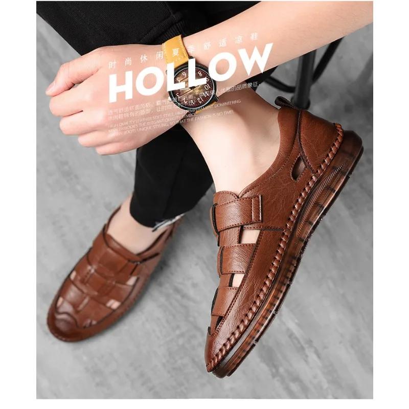 Fashion Summer Hollow Flat Head Roman Style Men's Sandals Designer New Fashion Slip-on Soft Leather Casual Outdoor Walk Men's Shoes