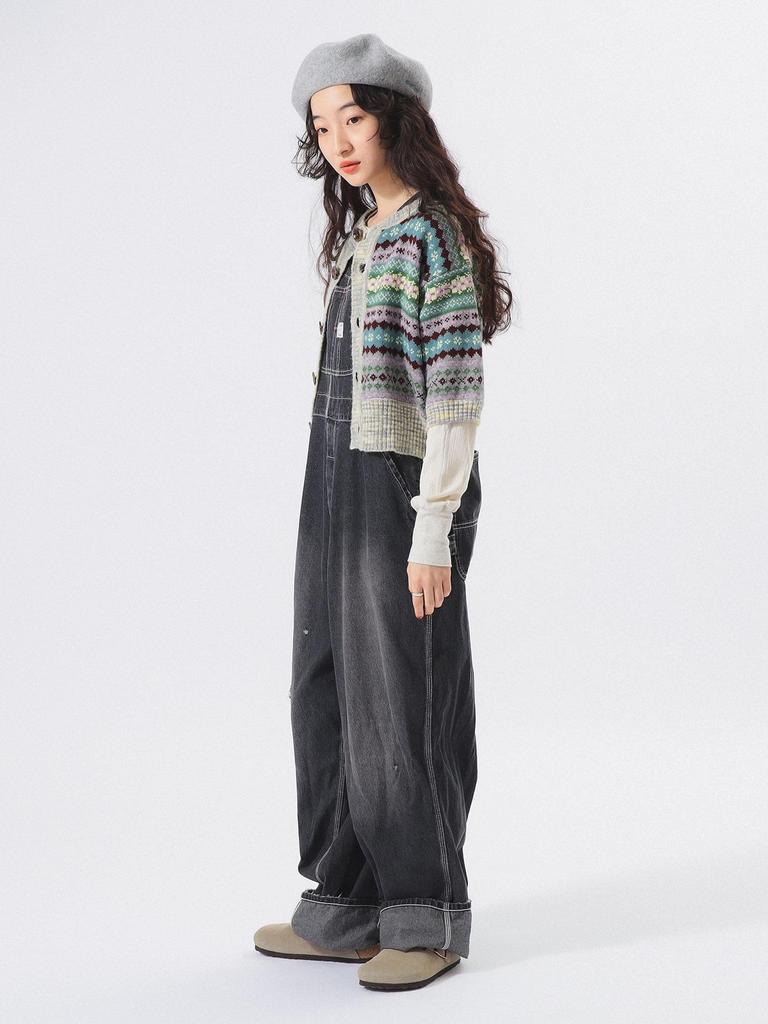 Beams Boy Women's Fair Isle Knit Vest, 5/8 Sleeve Cardigan, Gray, One Size