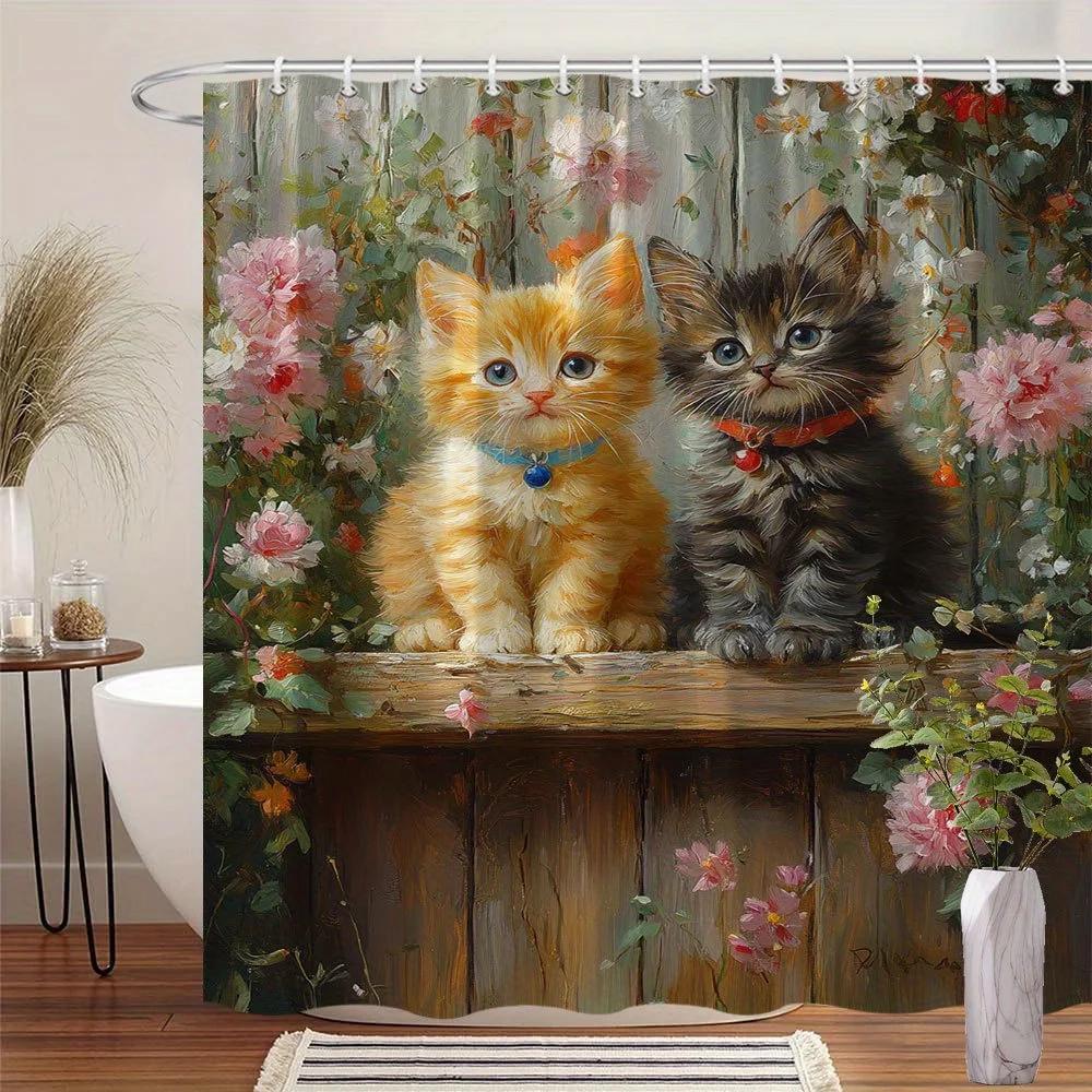 

Polyester Bath Curtain - 70x70 Inches, Orange & Gray Kittens with Pink & White Flowers, Realistic Whimsical Design, 12 Hooks 90x180cm