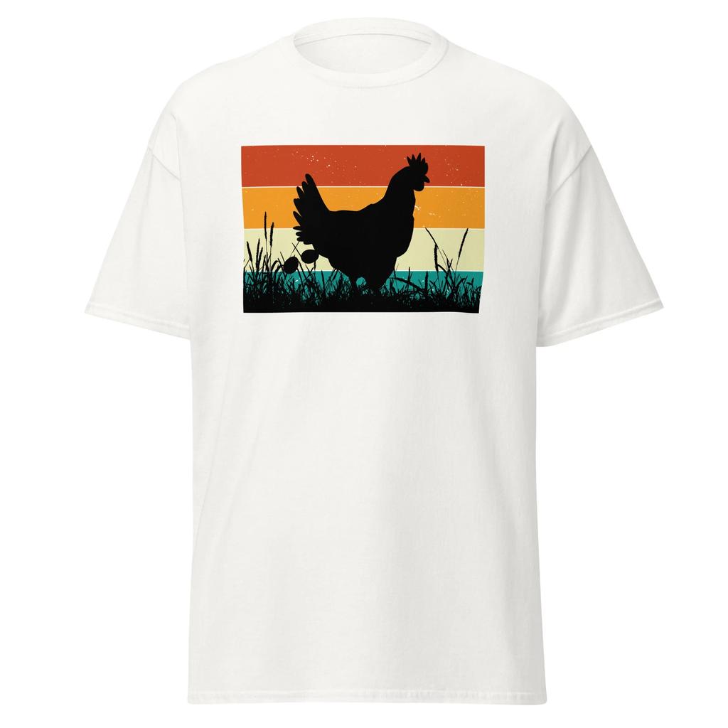 Retro Hen Unisex 100% Cotton T-shirt Mens Tees Top, vintage chicken sunset farm bird backyard pet rooster