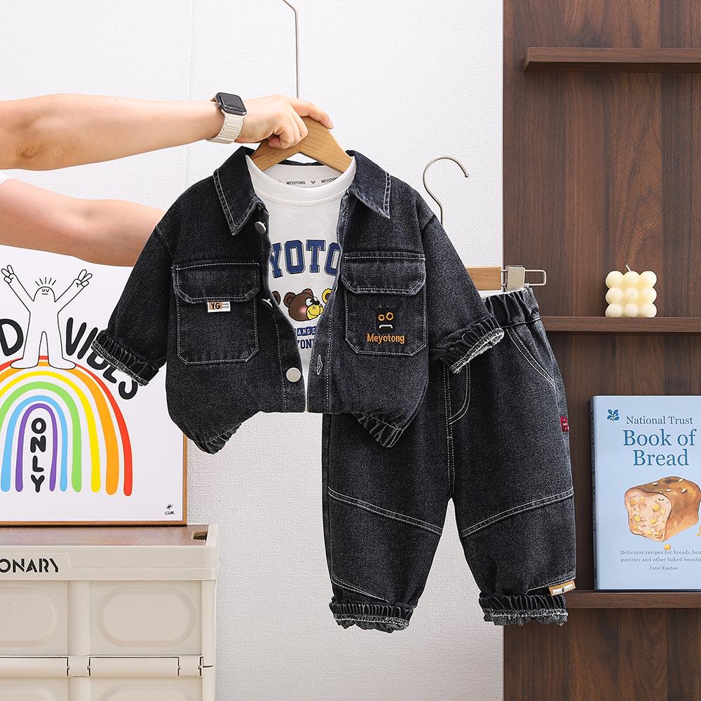 Boys' Autumn 2025 Denim Three-Piece Set: Stylish Long Sleeve Outfit for Kids