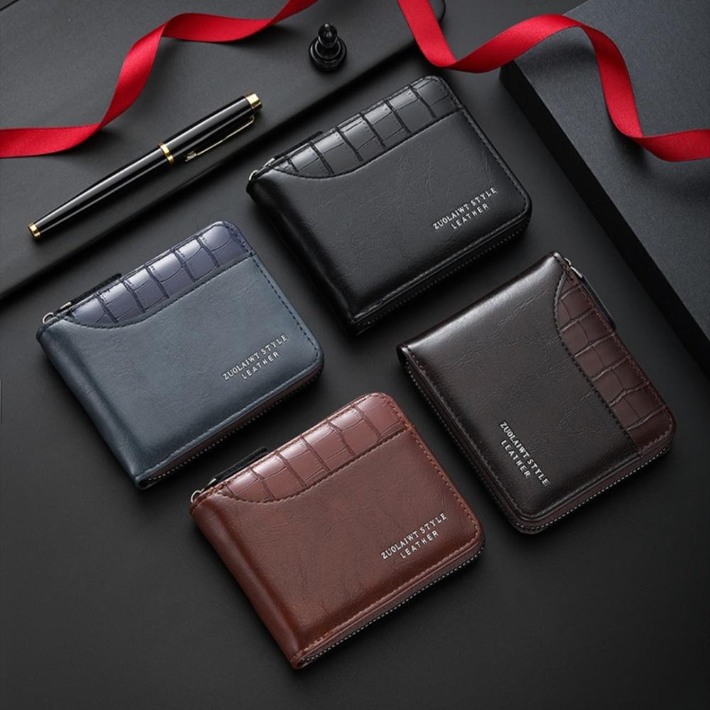 Vintage Men's Short Wallet PU Leather Zipper Folding Wallets Splicing Stone Pattern Large Capacity Coin Purse Multi Card Holder