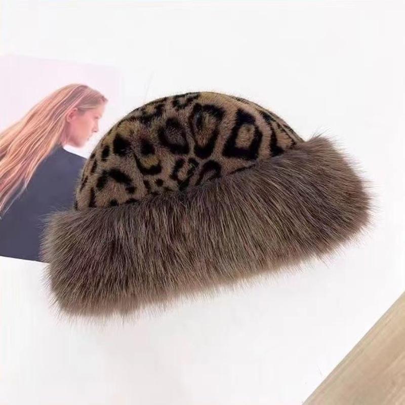 Hat Female Thickened Retro Leopard Print Plain Ear Protector Hat Show Small Face Mongolian Cold Wind Street Melon Rind Thermal Basin Hat