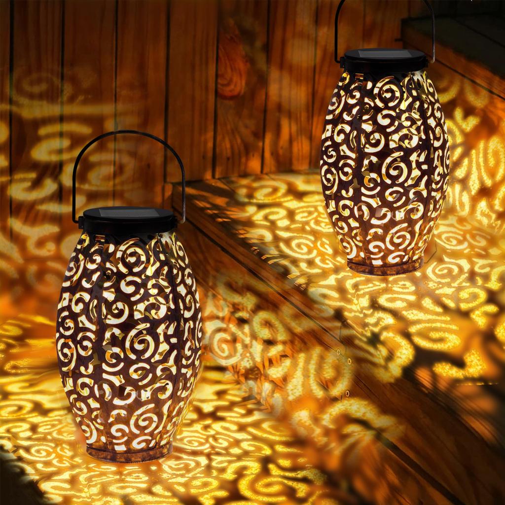 Xidajie Metal Retro Hanging Solar Lights, 2Pack Solar Lanterns With Hollow Patte