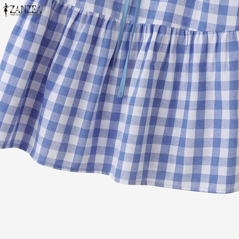 ZANZEA Women Summer Casual V-Neck Plaid Print Short Sleeve Blouse