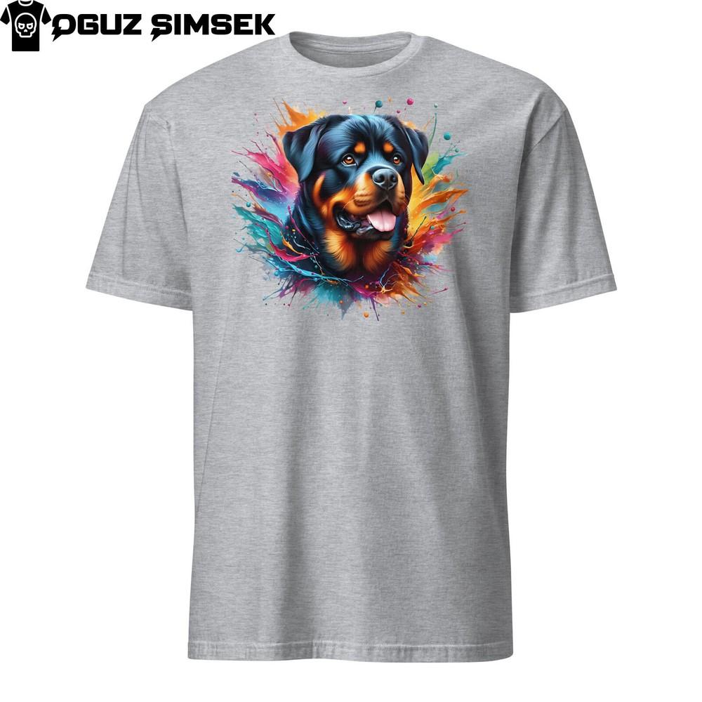 Colorful Rottweiler Unisex T-Shirt: Vibrant Dog Design with Paint Splashes
